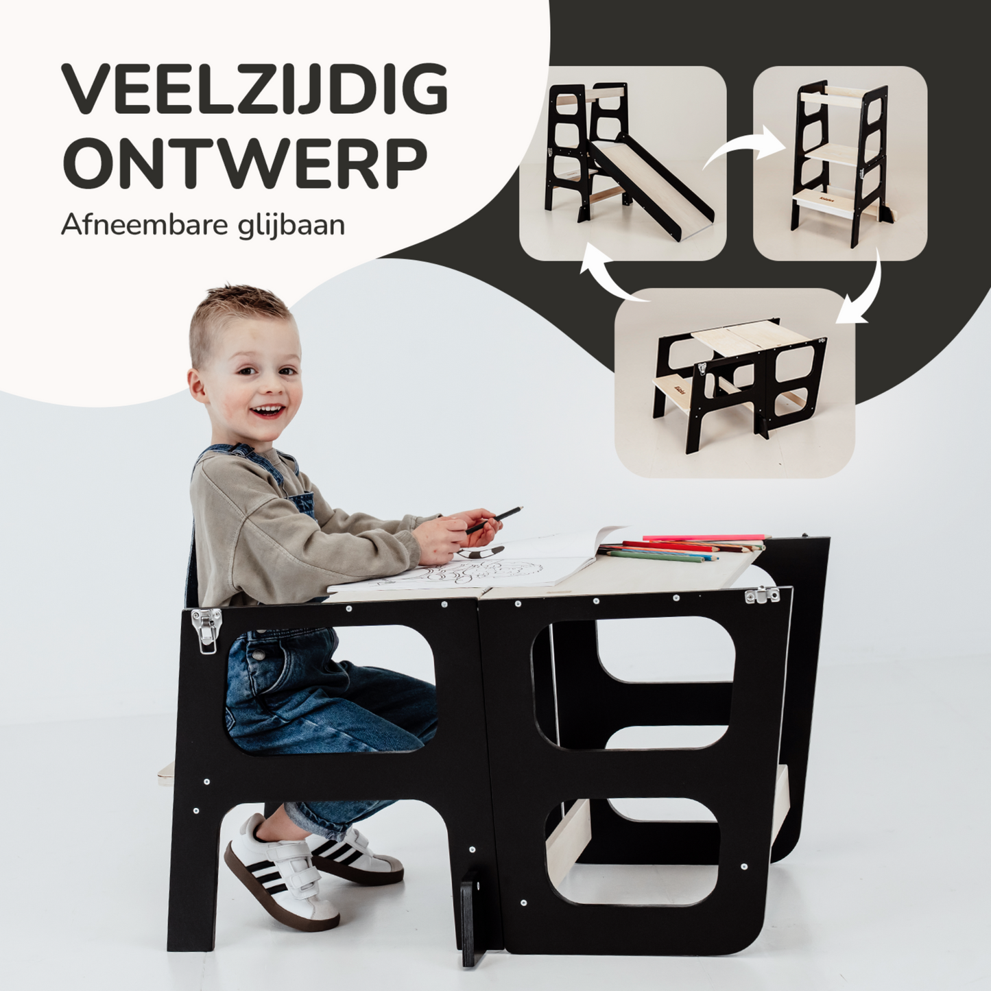 Kidzies© Inklapbare Montessori Leertoren Met Glijbaan